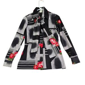 Vintage Trissi Blouse Women S Black Gray Red 70s Geometric Floral Tie Neck Scarf